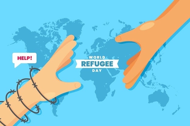 Vetor grátis dia mundial dos refugiados com as mãos sobre o mapa do mundo
