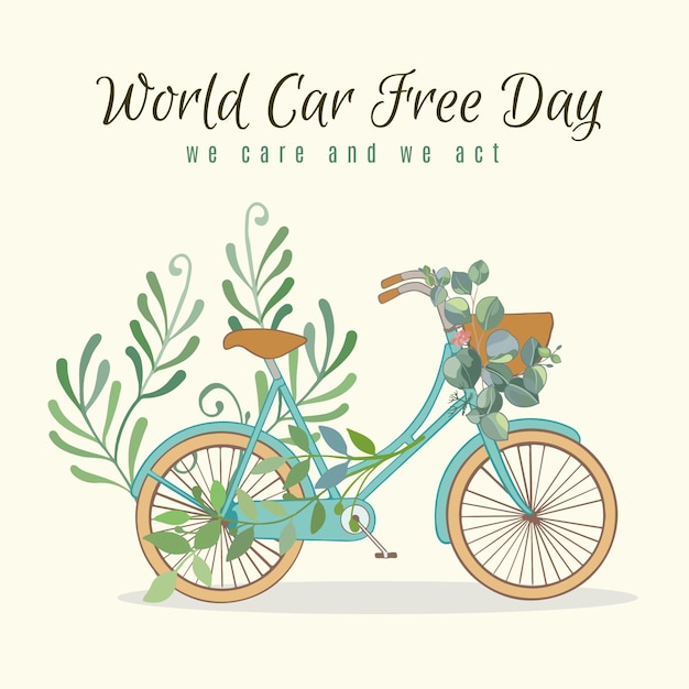 Vetor grátis dia mundial sem carro com bicicleta e folhas