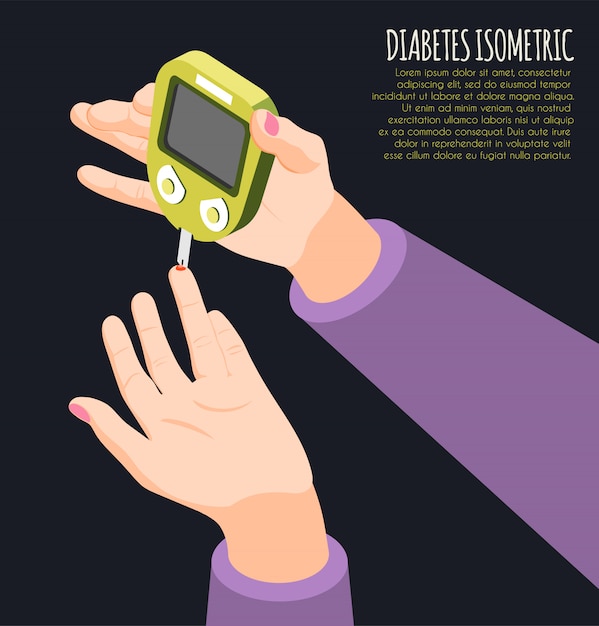 Diagnóstico de diabetes isométrico com mão humana segurando o medidor mede ilustração vetorial de nível de açúcar no sangue