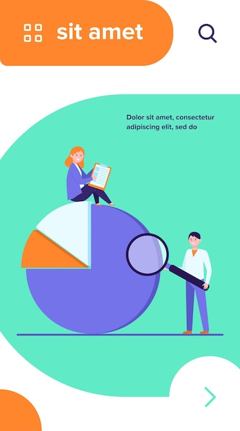 Vetor grátis diagrama de análise de profissionais. duas pessoas com formulário de pesquisa e lupa, gráfico de pizza ilustração vetorial plana