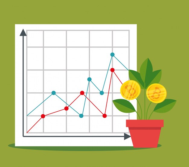 Diagrama e planta de estatísticas com moeda bitcoin