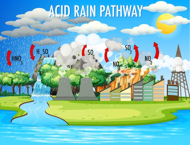 Diagrama mostrando o caminho da chuva ácida