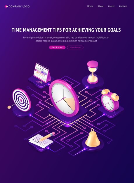 Dicas de gerenciamento de tempo, página inicial isométrica, organização do trabalho, conceito de realização de meta.