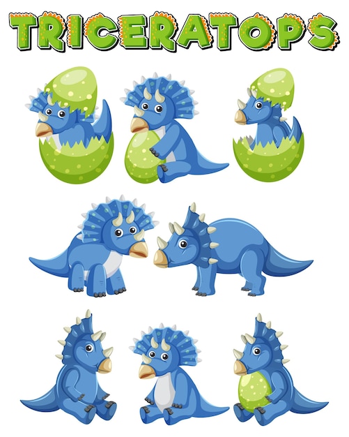 Diferente coleção de dinossauros triceratops azuis