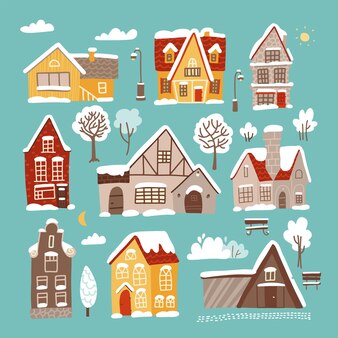 Diferentes casas de inverno conjunto de tijolos e casas de natal de madeira cobertas com neve fundo de inverno wi ...