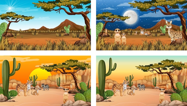 Vetor grátis diferentes cenas da paisagem da floresta do deserto com animais e plantas