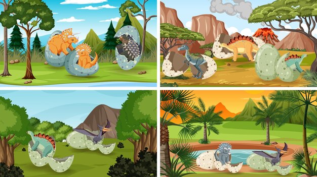 Diferentes cenas de floresta pré-histórica com desenho de dinossauro