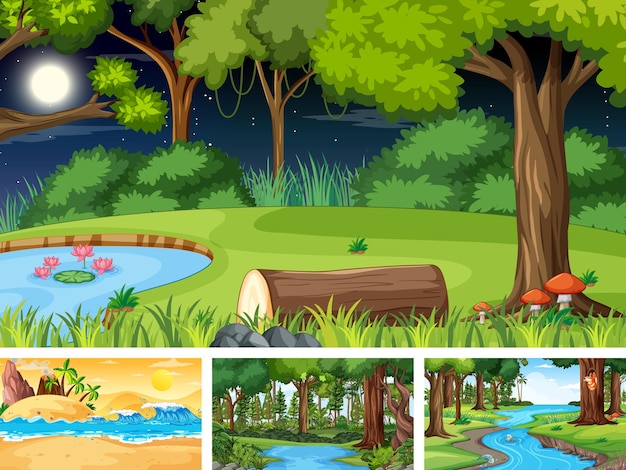 Vetor grátis diferentes cenas horizontais da natureza em estilo cartoon