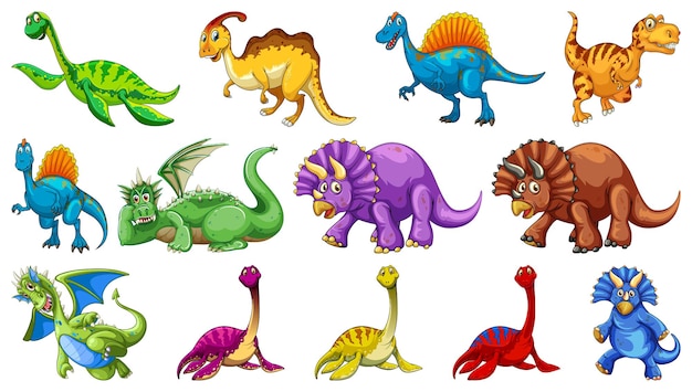 Diferentes personagens de desenho animado de dinossauros e dragões de fantasia isolados