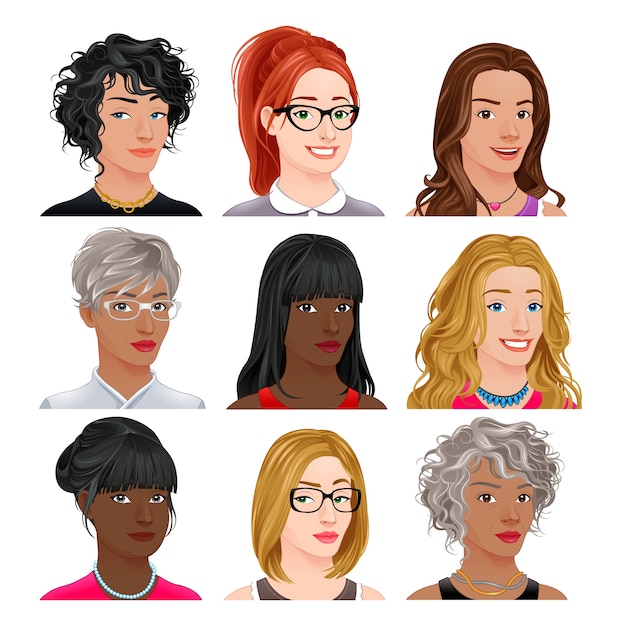 Diferentes personagens femininas avatares vector isolados