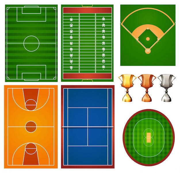 Diferentes quadras esportivas e troféus