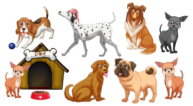 Diferentes raças de cães em estilo cartoon