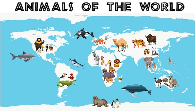 Vetor grátis diferentes tipos de animais ao redor do mundo no mapa