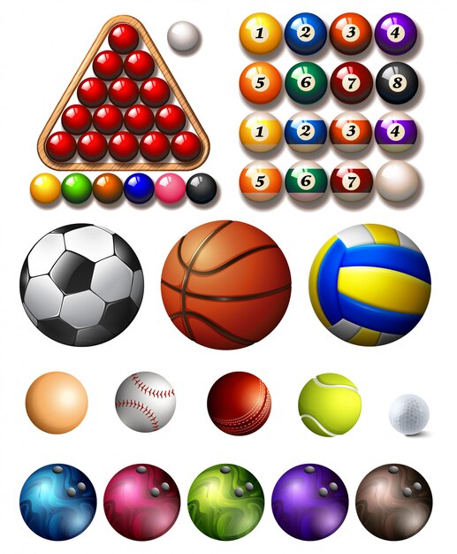 Diferentes tipos de bolas de muitos esportes