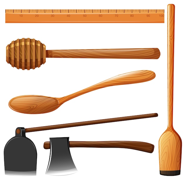 Diferentes tipos de equipamentos de madeira