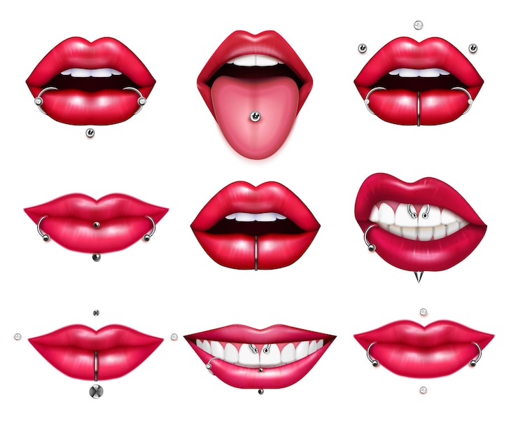 Vetor grátis diferentes tipos de lábios e piercing na língua conjunto realista isolado na ilustração vetorial de fundo em branco