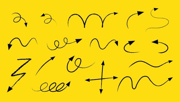 Diferentes tipos de setas curvas desenhadas à mão em fundo amarelo