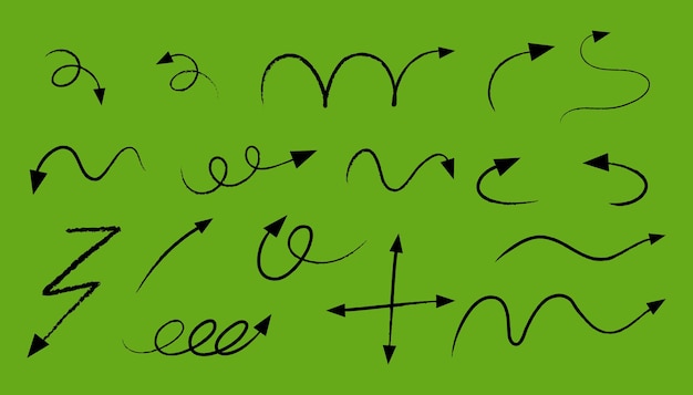 Vetor grátis diferentes tipos de setas curvas desenhadas à mão sobre fundo verde