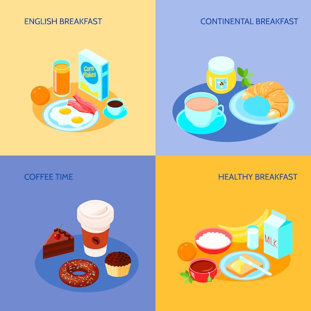 Diferentes variantes do conjunto de bandeira plana de ícones de pequeno-almoço