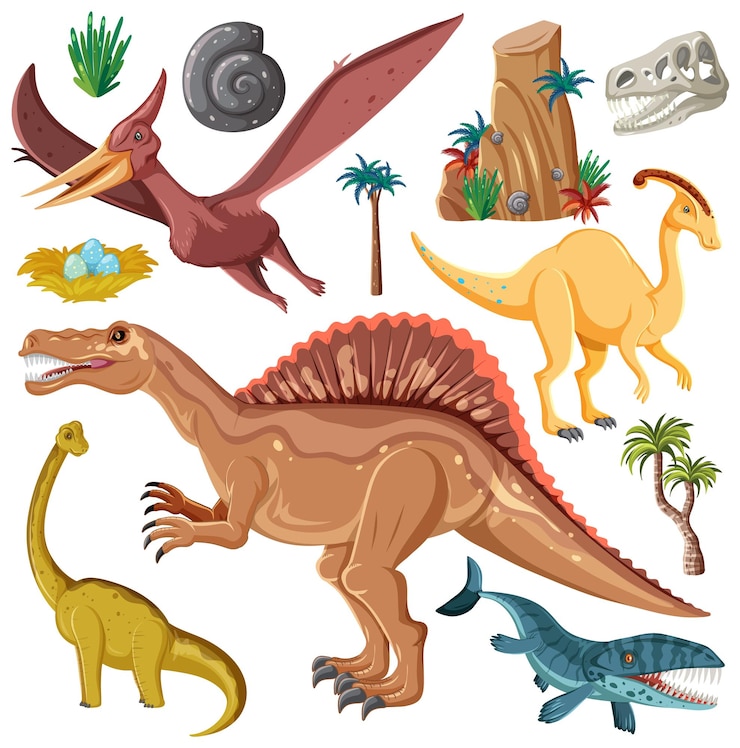 Vetor grátis dinossauro e coleção de vetores de elementos da natureza