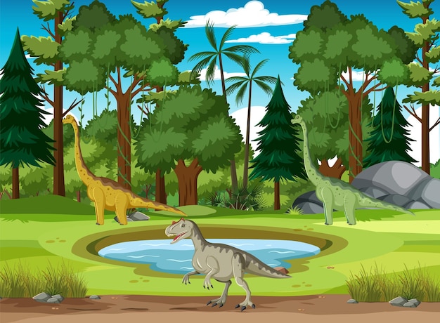 Vetor grátis dinossauro na cena da floresta pré-histórica