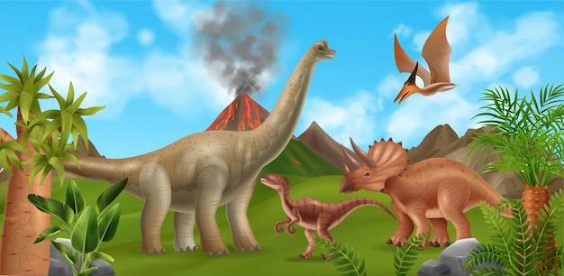 Dinossauros andando e voando no fundo com plantas antigas de vulcão em erupção e ilustração vetorial realista de céu azul