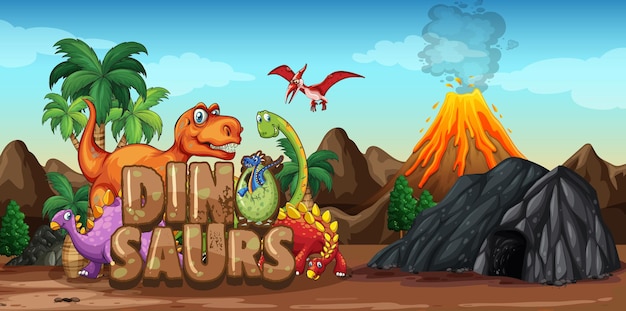 Dinossauros personagem de desenho animado em cena da natureza