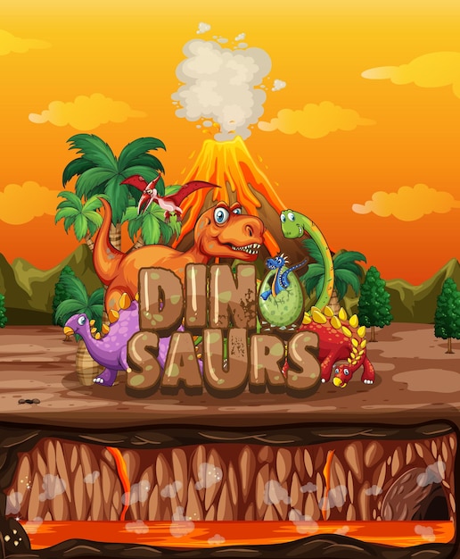 Dinossauros personagem de desenho animado em cena da natureza