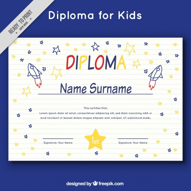 Vetor grátis diploma de crianças com foguetes e estrelas doodles