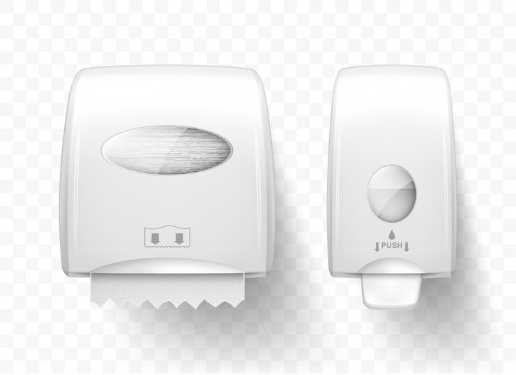 Vetor grátis dispensadores de sabonete líquido e toalhas de papel, realistas