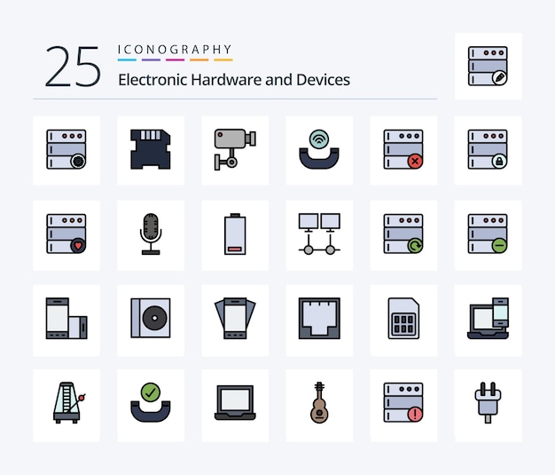 Dispositivos 25 line filled icon pack incluindo banco de dados excluir banco de dados de segurança handset