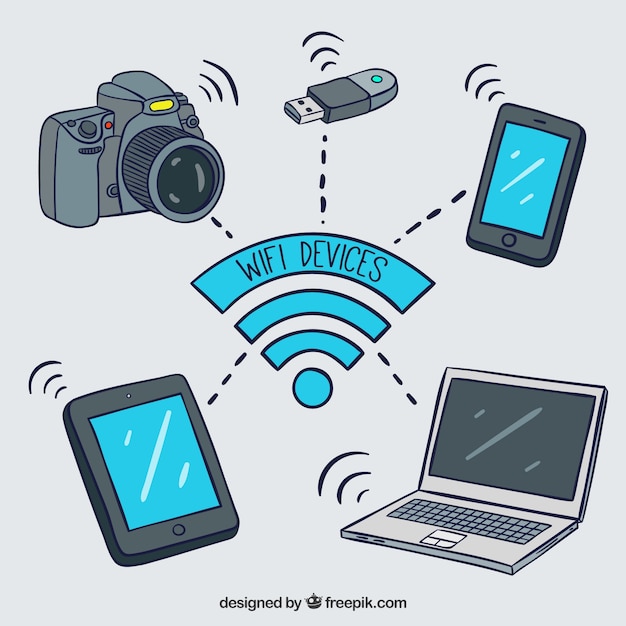 Dispositivos conectados por wifi com estilo desenhado a mão