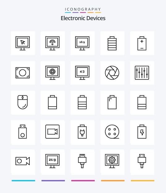 Dispositivos criativos 25 pacote de ícones outline, como exibição de notícias elétricas de tv