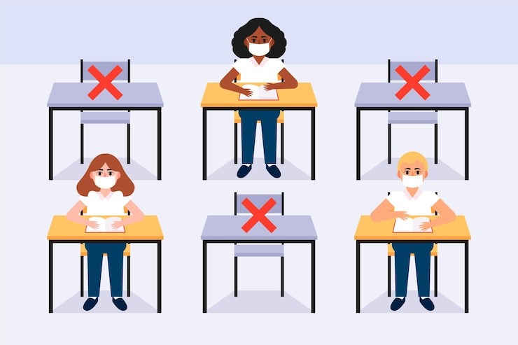 Vetor grátis distância social em sala de aula nova normal
