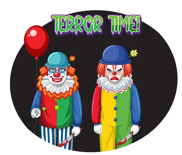 Distintivo da Hora do Terror com dois palhaços assustadores