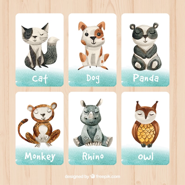 Diversão conjunto de cartas de aquarela com animais felizes