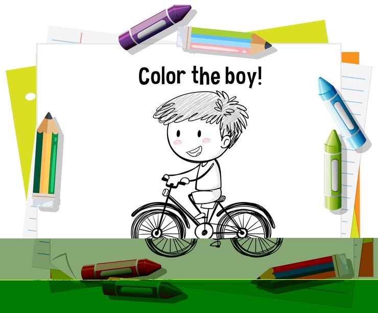 Vetor grátis diversão de colorir com um menino de bicicleta