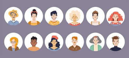 Diversas pessoas redondas avatares ícones isolados com rostos de personagens masculinos e femininos jovens e velhos homens ou mulheres com aparência e cor de cabelo de diferentes idades conjunto de retratos de vetores planos lineares