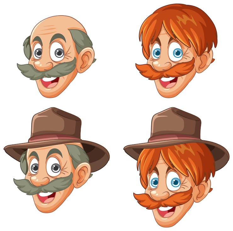 Vetor grátis diversos rostos de desenho animado com chapéus e bigodes