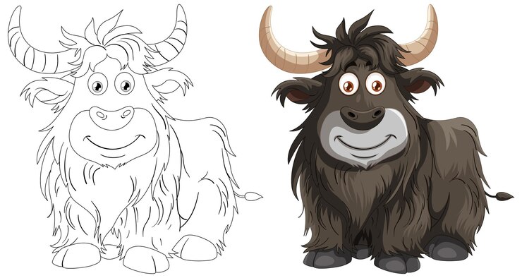Vetor grátis do esboço ao colorido desenho animado yak