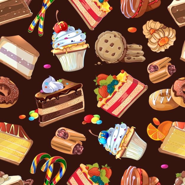 Doces, doces e bolos de fundo sem emenda, creme saboroso sem fim, ilustração vetorial