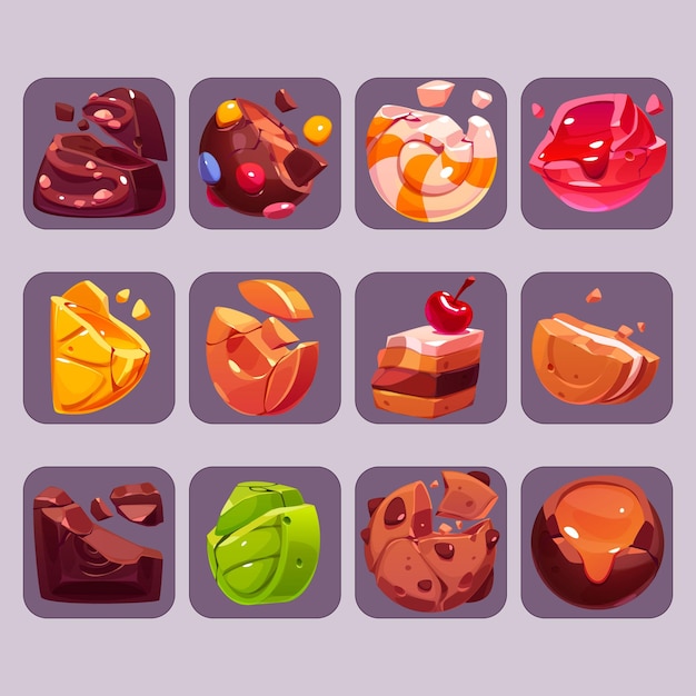 Doces esmagados dos desenhos animados dos ícones do jogo de doces quebrados com mordidas e migalhas de chocolate trufa praline caramelo pirulito bolo de caramelo sanduíche de biscoito e fatia de limão conjunto de elementos vetoriais de interface do usuário