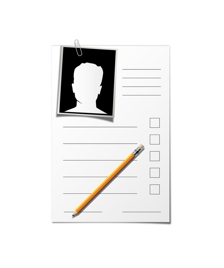 Vetor grátis documento de papel de formulário cv com lápis 3d foto realista para preencher o gráfico no questionário ou relatório de modelo em branco de folha de currículo para entrevista de escritório isolada em branco