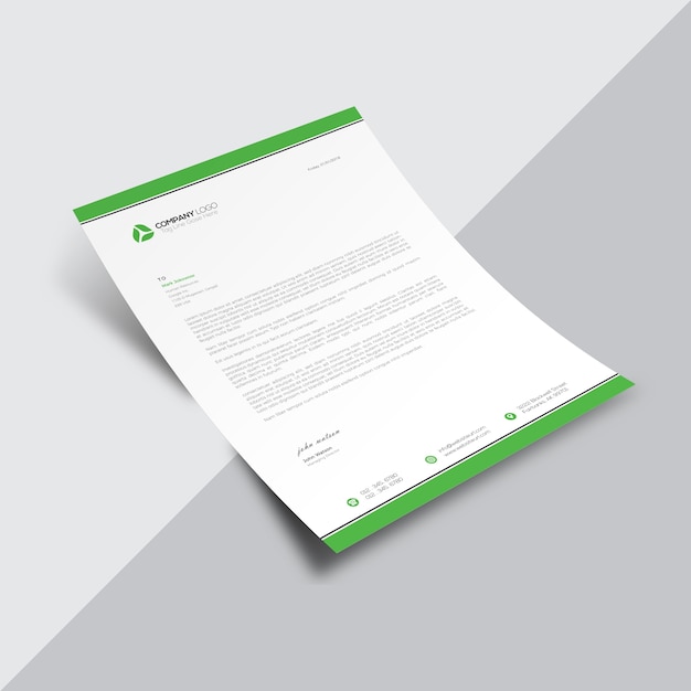 Documento empresarial branco com bordas verdes