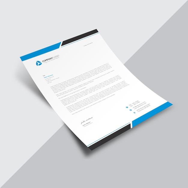 Documento empresarial branco com detalhes azuis e brancos