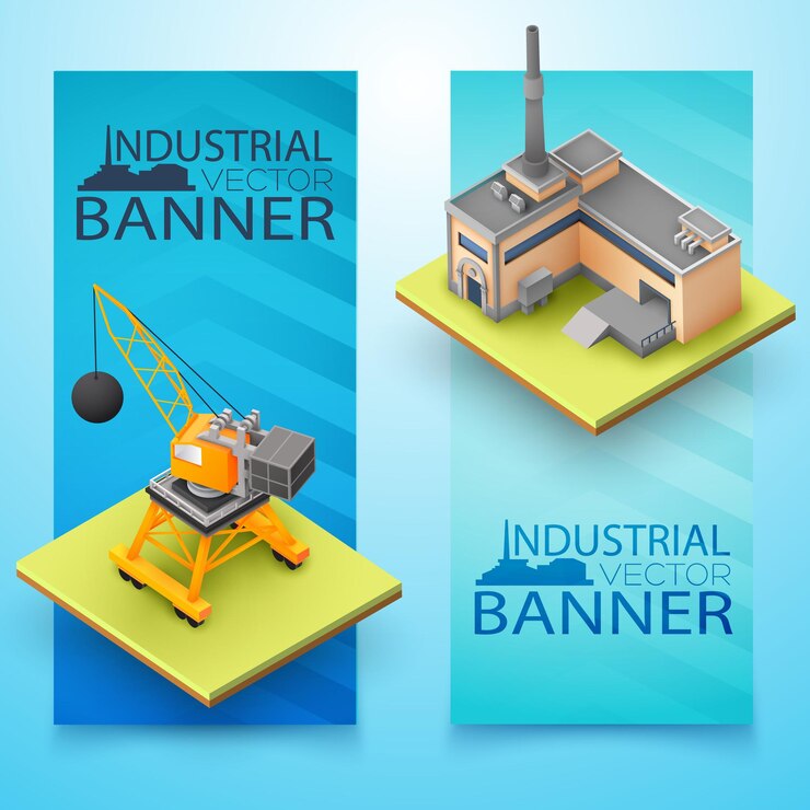 Vetor grátis dois banners industriais 3d isolados verticais com fábrica de escavadeiras e grandes manchetes