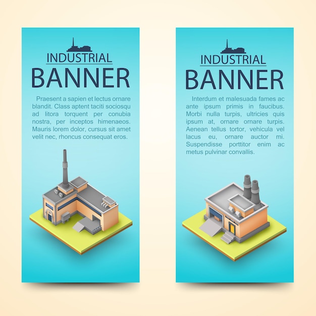 Dois banners verticais de construção 3d com descrições de banners industriais em fundo azul claro