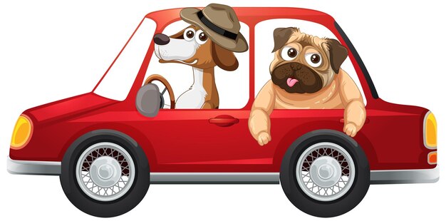 Dois cachorros dirigindo um carro vermelho