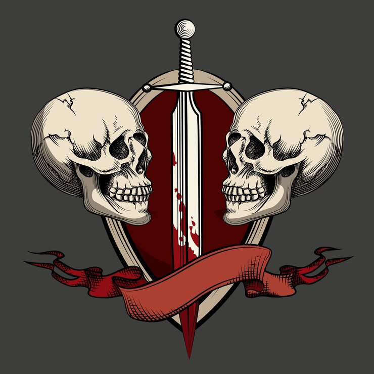 Vetor grátis dois crânios com espada e fita. modelo para tatuagem e etiquetas.