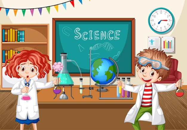 Dois jovens cientistas fazendo experimento de química em sala de aula